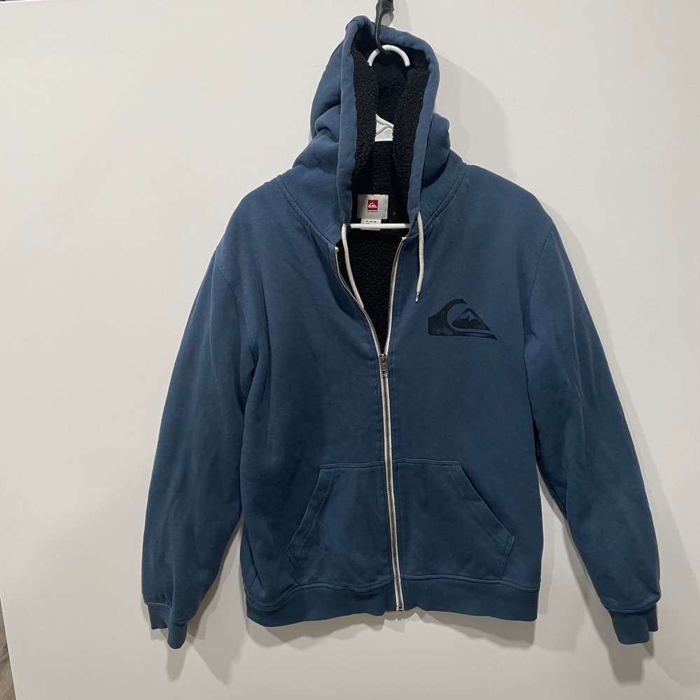 Quiksilver Mens Sherpa Lined Zip Up Hoodie‎ Blue Logo Graphic Size M